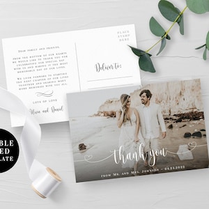 Carte postale photo de remerciement à imprimer Carte postale de remerciement pour mariage moderne avec photo Lettre de remerciement pour mariage à télécharger DIY Templett ThFcf-SW6
