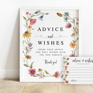 Wildflower baby shower advice sign and cards Advice for the new parents Floral baby shower advice card Printable Download Templett BIFILDSWC