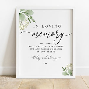 In loving memory sign template Greenery memory sign printable Eucalyptus wedding remembrance sign Memorial table Download Templett WEUF-3