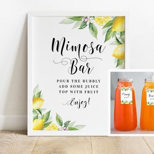 Lemon Mimosa bar sign and Juice jar labels Editable signs printable Bridal shower cocktail party Bachelorette Download Templett BrLem-cf5 image 1