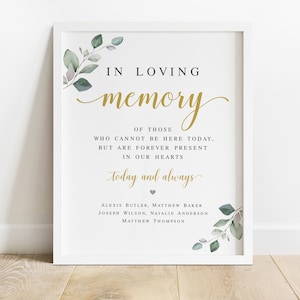 In loving memory sign template Greenery memory sign printable Foliage remembrance sign Memorial table sign Download Edit with Templett