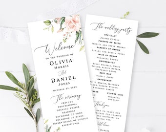 Floral wedding program template Self-editing program Wedding ceremony program Printable program Pink roses Download Templett WSPR-A