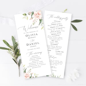 Floral wedding program template Self-editing program Wedding ceremony program Printable program Pink roses Download Templett WSPR-A