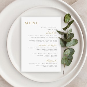 Menú de boda Plantilla totalmente editable para imprimir Decoración de mesa de recepción Cena de ensayo Oro Digital DIY Descargar Templett LCF-WC21