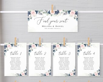 Seating chart cards template Editable Seating plan printable Floral seating cards Blue blush seating cards Digital Download Templett Webl-40