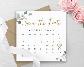 Modern calendar save the date template Editable calendar printable Bridesmaid proposal card Leaf Minimalist calendar DIY Download Templett