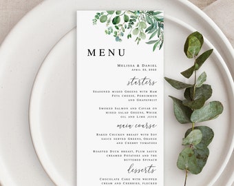 Eucalyptus menu template printable Editable menu card Wedding menu Downloadable Customizable Rehearsal dinner Digital DIY Templett WEUF-3