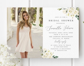 Bridal shower invitation template printable Editable invite with photo Wedding white roses Customizable invite DIY Download AWHR-1