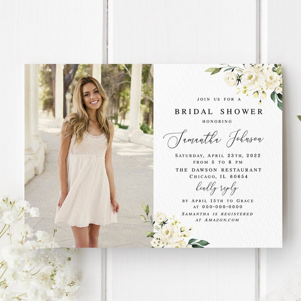 Bridal shower invitation template printable Editable invite with photo Wedding white roses Customizable invite DIY Download AWHR-1