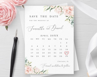 Floral calendar save the date template Editable calendar Printable Engagement Wedding announcement Pink roses Digital Download WSPR-A