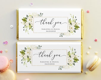 Chocolate wrapper template printable Editable wrapper Candy bar favor label Thank you Wedding white roses Download Templett AWHR-1