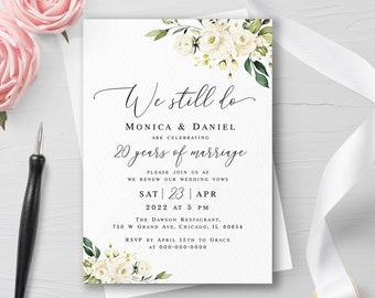 We still do invitation template Editable invite Renewal of vows Printable floral invite Wedding white roses DIY Download Templett AWHR-1