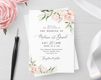 Floral wedding invitation template Self-editing invite Pink roses wedding invite printable Calligraphy DIY Download Templett WSPR-A