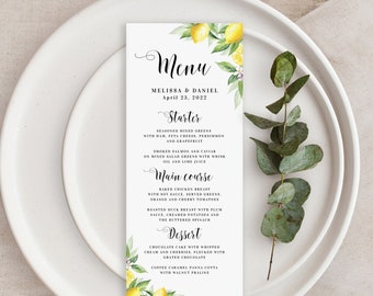 Menu di nozze Modello automodificabile Schede menu stampabili Matrimonio limone Calligrafia digitale Fai da te Scarica Templett BrLem-cf5