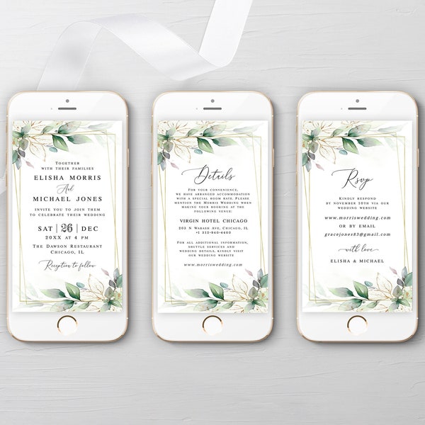 Gold foliage electronic wedding invitation template Editable invite Wedding details Electronic RSVP Digital Download Templett AGFW-1