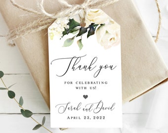 Thank you tag template Editable tag Wedding favor tag printable Floral gift tag for wedding guest White roses Download Templett AWHR-1