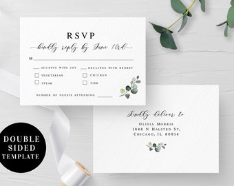 Wedding RSVP card template Editable Double-sided Rehearsal dinner invitation insert card Leaf Printable Digital DIY Download Templett