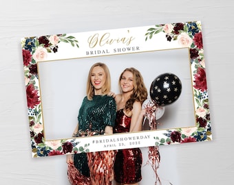 Burgundy photo prop frame template Bridal shower selfie frame Landscape photo frame Hens party selfie frame Editable Download Templett BFAC9