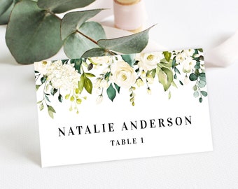 Floral place cards template Flat and folded Editable name cards printable Customizable White roses name cards Download Templett AWHR-1