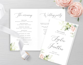 Floral wedding folded program template Self-editing program printable Order of service Pink roses wedding program Download Templett WSPR-A