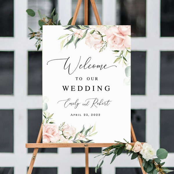 Welcome wedding sign template Editable Welcome board printable Reception poster Wedding pink roses Digital Download WSPR-A