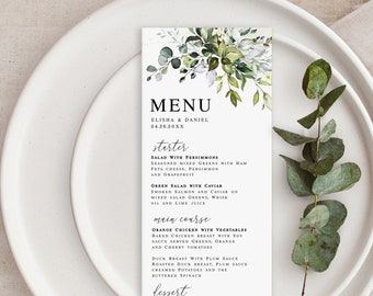 Greenery wedding menu template Editable menu Eucalyptus menu Downloadable Customizable Rehearsal dinner Printable Templett GRWE-E