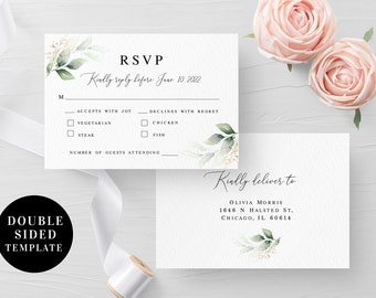 Wedding RSVP card template Double-sided Editable Rehearsal dinner invitation insert card Gold foliage Printable Download Templett AGFW-1