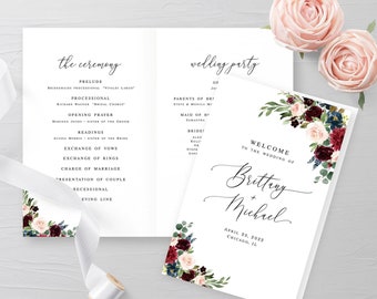 Floral folded program Self-editing template Order of service Wedding Burgundy Blush Digital DIY Download #swc9