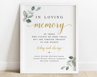 Greenery In loving memory sign template Fully editable Wedding remembrance sign printable Memorial Foliage Gold Digital Download Templett