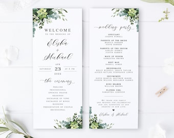 Greenery wedding program Editable program template printable Eucalyptus wedding program Customizable Digital DIY Download Templett SGWEUF2