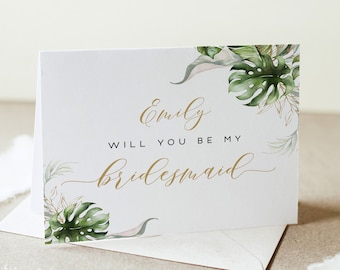 Tropical Bridal proposal card template Self-editing greenery proposal card Will you be my bridesmaid Printable Digital DIY Download SWC-TR