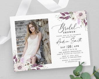 Purple bridal shower invitation template printable Editable photo invite Floral bridal invite Digital DIY Download Templett PURFSW27