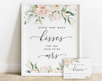 How many kisses game template Editable Bridal shower games Bachelorette Printable activity Pink roses Digital DIY Download Templett WSPR-A