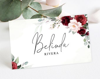 Burgundy wedding place card template Editable name cards Flat and Folded place cards Escort cards DIY Digital Download  Templett BSA-35