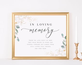 In loving memory sign template Editable Gold foliage remembrance sign printable Wedding memorial table Digital Download Templett agflf10