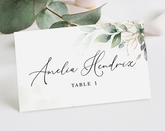 Greenery Place cards template Editable Table name cards Flat and Folded cards Gold foliage place card Printable Download Templett AGFW-1