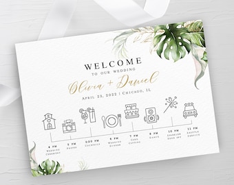 Greenery wedding timeline template Editable timeline Schedule of events Tropical wedding itinerary Digital Download Templett SWC-TR