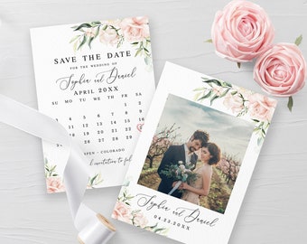 Photo calendar Save the date template Editable save the date Printable Wedding announcement Pink roses save the date Download WSPR-A