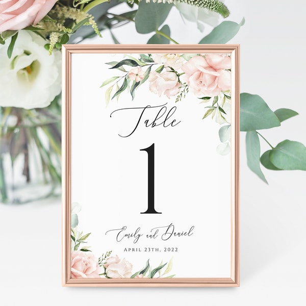 Floral table numbers Editable template Printable table card Pink roses table card Wedding table decor Digital DIY Download Templett WSPR-A