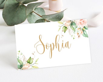 Floral place card template Editable name cards Flat and Folded Escort seating Pink roses place cards Printable Download Templett sprgf6