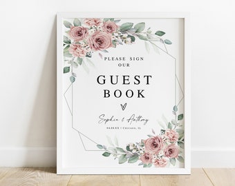 Wedding guest book sign template Editable signs Dusty roses Wedding signs Heart Outdoor wedding decor Printable Download Templett SDURS-10f