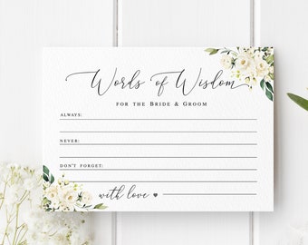 Vorlage für eine Karte mit floralen Worten der Weisheit, bearbeitbar, Hochzeitsratgeber für Braut und Bräutigam, Ratgeberkarte mit weißen Rosen, zum Ausdrucken. Laden Sie Templett AWHR-1 herunter