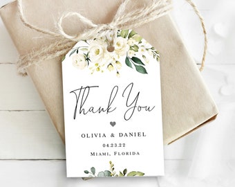 Thank you tag template Wedding gift tag for guests Editable tag printable White roses Customizable Digital DIY Download Templett AWHR-1