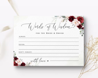 Floral wedding Words of wisdom card template Editable Burgundy advice card for bride and groom printable DIY Download Templett BSA-35