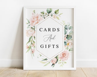 Pink roses cards and Gifts sign template Editable wedding sign Wedding table decor Floral signs Printable DIY Download Templett WSPR-A