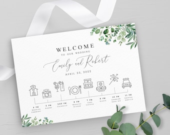 Greenery wedding timeline printable Editable timeline template Schedule of events Eucalyptus Itinerary Digital DIY Download Templett WEUF-3