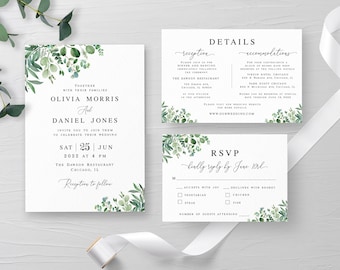 Greenery invitation suite Eucalyptus wedding set Editable templates RSVP Details insert card Printable Digital DIY Download Templett WEUF-3