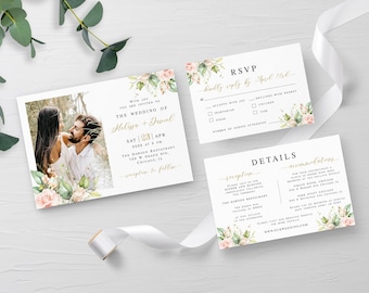 Floral wedding invitation suite printable Self-editing set with photo RSVP Details insert Photo invite Pink roses invite Download WSPR-A