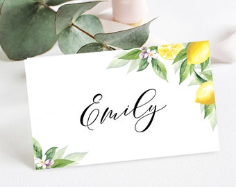 May include: White place card with a lemon branch design and the name "Emily" written in black calligraphy.