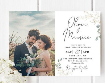 Photo wedding invitation template Editable invite Picture Gold foliage Printable Calligraphy DIY Digital Download #swc10